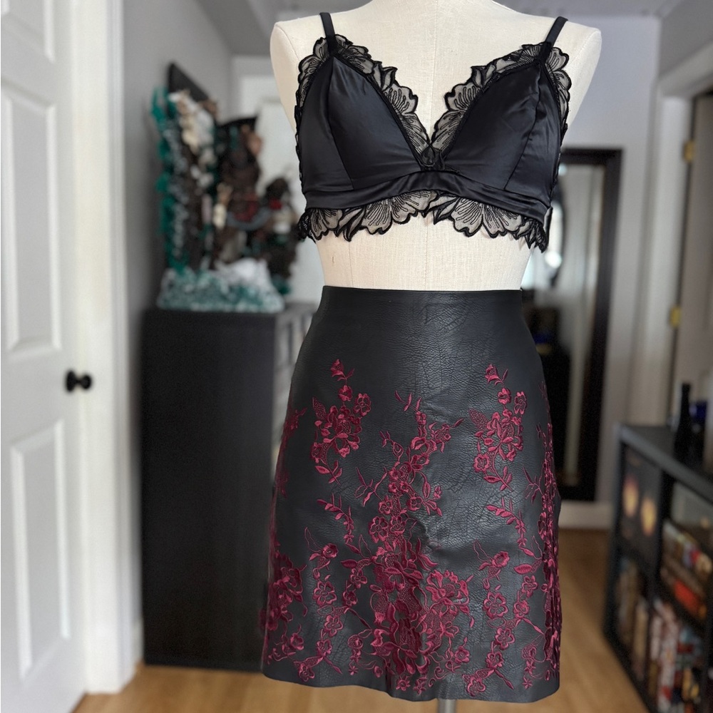 Club Monaco vegan leather blood red embroidered mini skirt